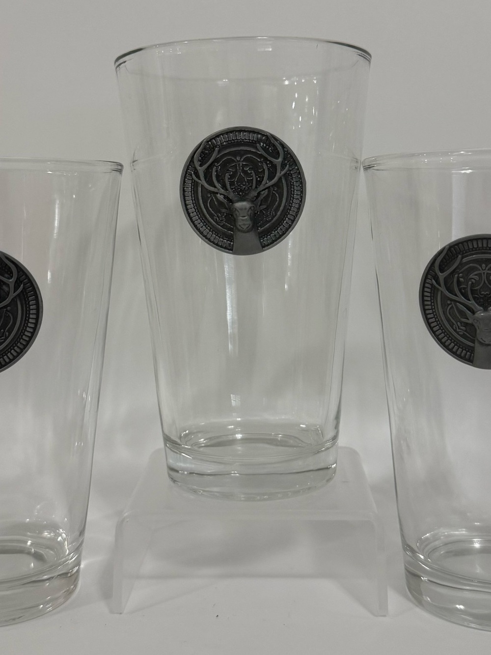 Old Fashion Glasses with Brass Deer Head Emblem  5 3/4” Tall   (set of 3)